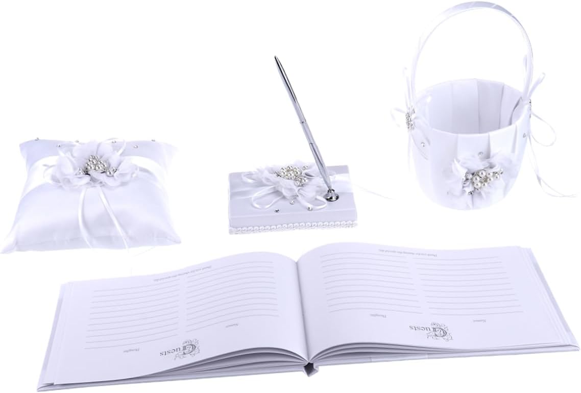 PRETYZOOM Rustic Wedding Ring Pillow and Flower Basket Set Flower Girl Basket Notebook Pen Holder Perfect Bride Kit