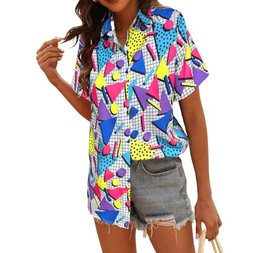 80s 90s Outfits for Women Hawaiian Retro Party Disco Neon Outfits Neon Short Sleeve Button Down Blouse Tops4