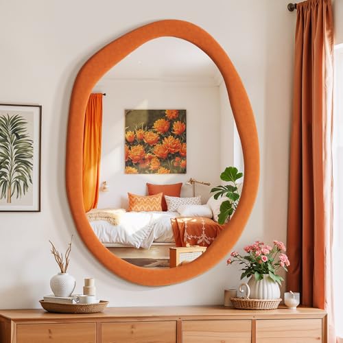 Irregular Asymmetrical Wall Mirror, 32" x 24" Flannel Wrapped Woo...