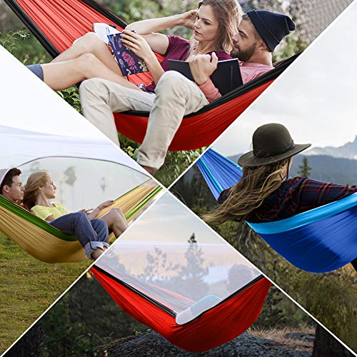 Hieha Double Camping Hammock with Mosquito Net, Portable Nylon Hiking Hammocks for Trees, Travel Outdoor Gear Camping Essential Hammock for 2 Adults(Red)