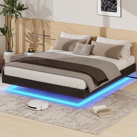 OtterOasis Queen Size Floating Bed Frame with LED Lights, Black Upholstered and Metal Platform Bed Queen, Modern Stable Floating Bed Frame Without Headboard, No Box Spring Needed, Easy to Assemble Cover