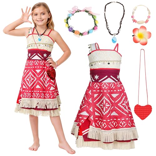 BuntWunder Prinzessin Kostüm Mädchen, 7 teiliges Prinzessin Kleid mit Blumenkrone Halskette Blumenclip, Abenteuer Outfit, Faschingskostüme Kinder,...