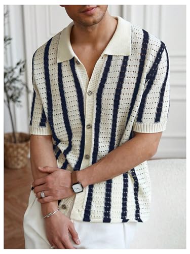 Verdusa Men's Striped Crochet Button Down Shirts Hollow Out Short Sleeve Sweater Collared Knit Tops4