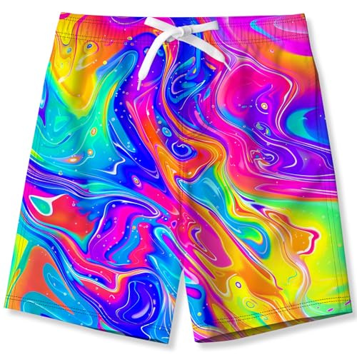 Kids4ever Boys Swimming Shorts Colored Fluid 3D Printed Swim Trunks for Kids Elastic Waist Beach Board Surfing Shorts with Side Pockets 9-10 Years