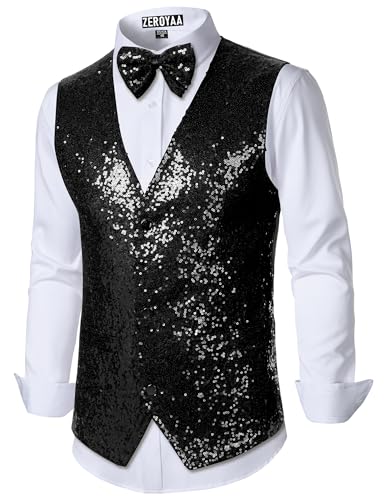 ZEROYAA Men's Sequin Vest Slim Fit 70s Shiny Waistcoat Bowtie Set Disco Prom Party Tuxedo2