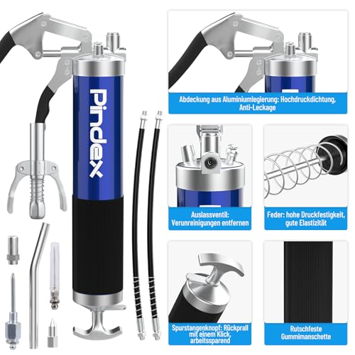 Pindex Fettpresse für Schmiernippel mit Mundstück Fettnadeldüse,Fettpistole mit Schnellkupplung,Handschmierpresse für 400cc Fettkartusche mit Schmiernippel,3X Schlaüche 15cm Metallrohr