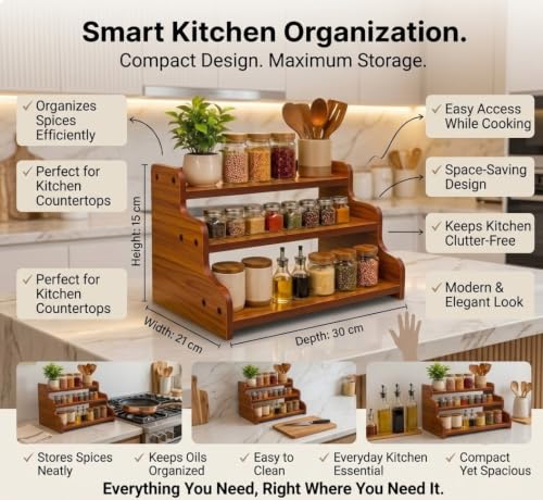 Image of 3-Tier Spice Rack, 13.8 Inch Wood Spice Bottles, Jars, Seasonings, Baking Supplies, Shelf Countertop Spice Storage Holder, Kitchen Pantry Cabinet Organizer Cupboard