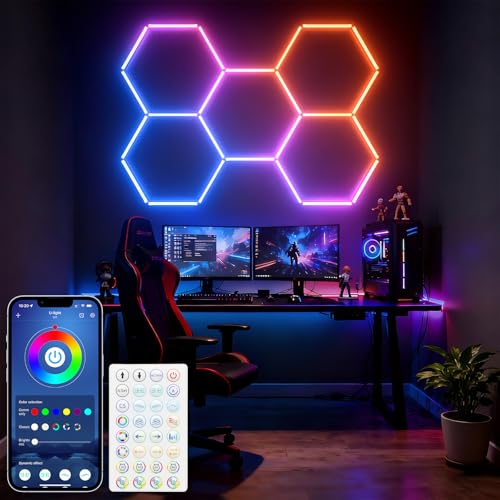ALLYES Hexagon RGB LED Lights - Color Changing Wall/Ceiling Lights with Music Sync Dimmable & Speed Adjustable Modes, App & Remote Control, Multi-Scene Decor for Gaming Room, Bar, Party, Gym, Garage