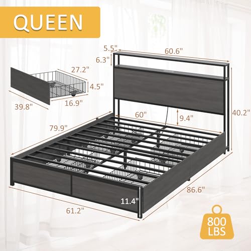 Lifezone Queen Bed Frame with 2-Tier Storage Headboard, Metal Platform Bed Frame with 4 Storage Drawers, Built in Charging Station & LED, Noise-Free/Metal Support/No Box Spring Needed, Rustic Grey