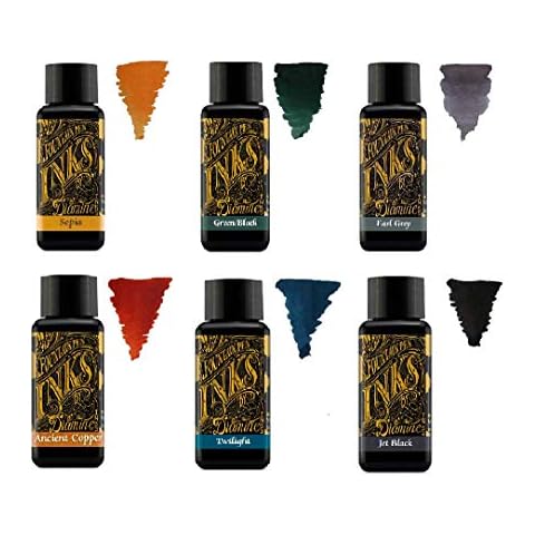 Diamine - 30ml Fountain Pen Ink - Colour Wheel - 6 Pack - Sepia, Green Black, Earl Grey, Ancient Copper, Twilight, Jet Black Cover