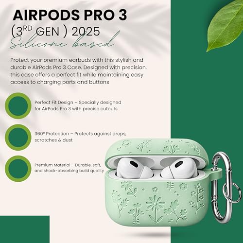 Image of Emoh Roced Case for Airpods Pro 3,Silicone Flower Engraved Cases Compatible with Apple AirPods Pro 3rd Generation 2025, Shockproof, Anti-Scratch, Protective Case Cover (Mint Green, for AirPods pro 3)