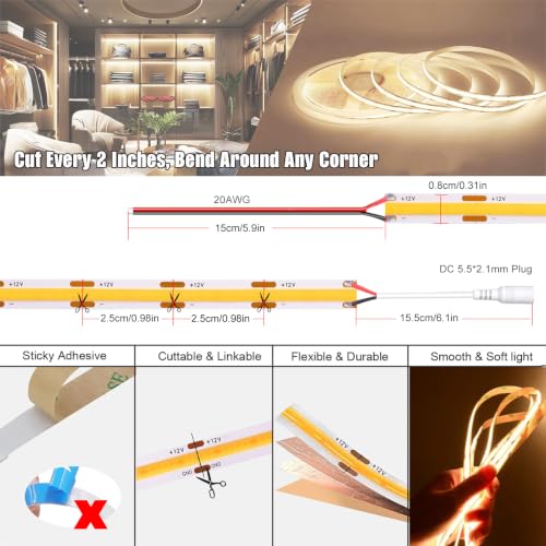 Image of 12V COB LED Strip Lights Warm White 3000K, 16.4 ft Dotless High CRI 93+Flexible & Cuttable Tape Lights for Bedroom, Under Cabinet, Living Room, RV Interior Lighting(Power Supply Not Included)