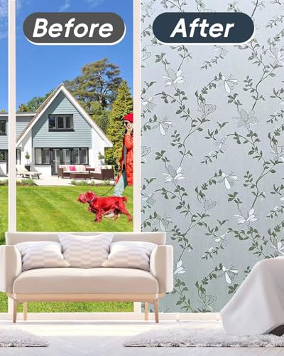 Image of Frosted Glass Window Film with Elegant Flower Design, Bathroom Window Privacy Film for Glass Windows Cover, Static Cling, Removable, Reusable, Anti-UV, Anti-Glare, 17.5 Inch * 78.74 Inch