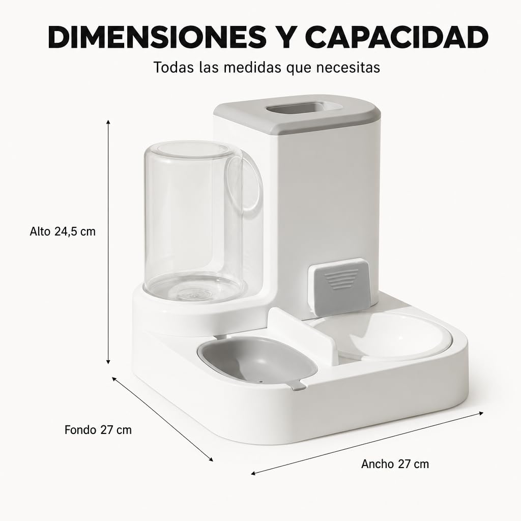 Comedero y Bebedero automático 2 en 1 para Gatos y Perros – Dispensador de Comida 2,2 L y Agua 1 L, diseño Compacto, Materiales Resistentes, Color Gris – Uso Diario en Interiores
