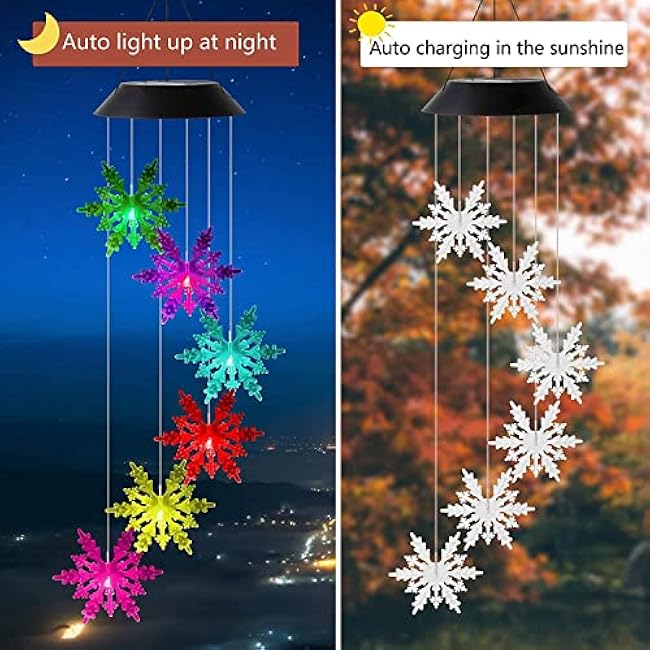Outdoor Waterproof Solar Snowflake Wind Chime Light 6 LEDs Colorful Snowflake Garden Decorative Light for Walkway Patio Yard Hanging Solar Lights