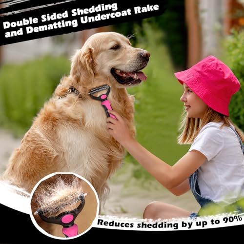 Image of Professional 3PCS Self Cleaning Slicker Brush & Pet Grooming Rake & Flea Comb for Dogs,Cats and Horses | Double-Sided Dematting Comb & Skin Friendly Deshedding Grooming Tool | Pet Supplies (Red)