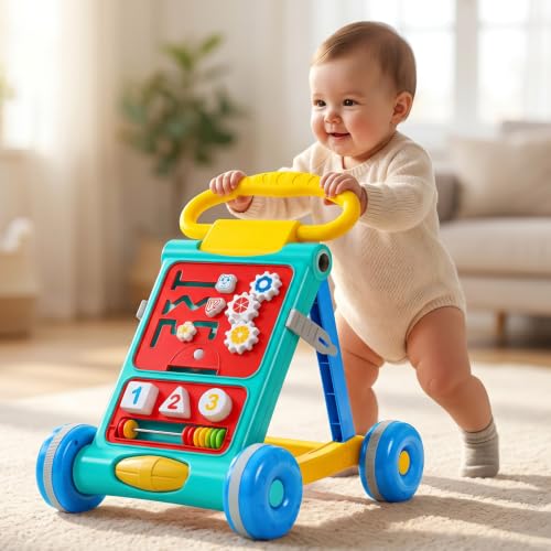 Image of Uonibaby Baby Push Walker, Musical Push Walker for 9 Months+, Toodler Walking Toy for 1 to 2 Years, Interactive Activity Panel with Gears, Shapes, Numbers & Beads, Sturdy Handle & Large Wheels