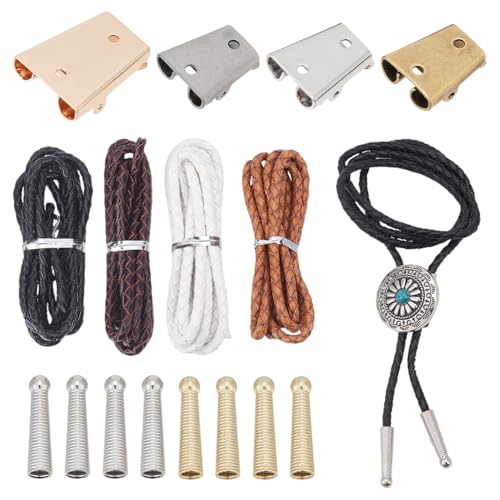 NBEADS 16 Pcs Bolo Tie Findings Kit Bolo Tie Buckle Accessories with 8Pcs Alloy Cord End 4Pcs Iron Bolo Tie Slide Clasps and 4.36 Yards(4m) Leather Necktie Cord for Bolo Tie Making