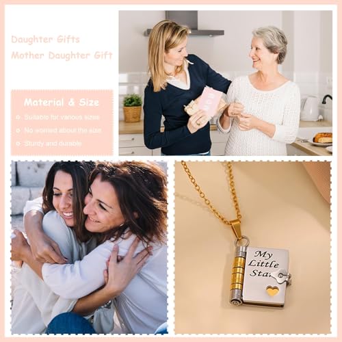 My Little Star Book Necklace for Daughter Book Necklace with 6 Pages Engraved Information a Letter for My Daughter Dainty Charm Necklaces from Mom Dad Birthday Gifts for Women3
