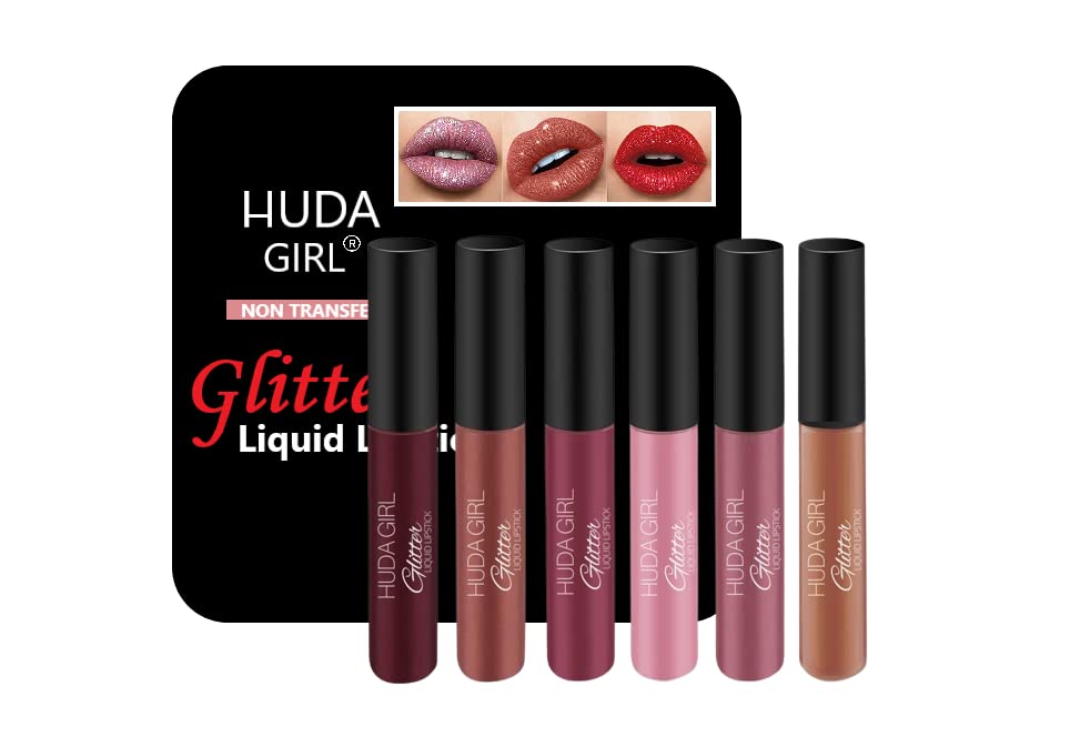 Huda Girl Beauty 6Pcs Matte to Glitter Liquid Lipstick Long-Lasting Lip Set Kit Color Diamond Shiny Dark Red Pink Purple Glitter Glossy Metallic Shimmer Sparkle Waterproof Lipstick Lip Gloss