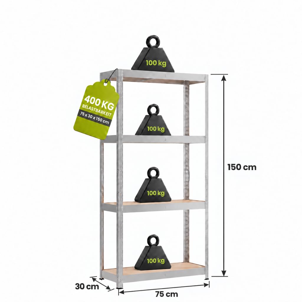 Kreher XL Schwerlastregal 75 x 30 x 150 cm – Metallregal mit 4 MDF-Böden – bis 100 kg je Boden – Steckregal werkzeuglos montierbar – Lagerregal für Keller, Garage & Werkstatt – Verzinkt (2er Set)