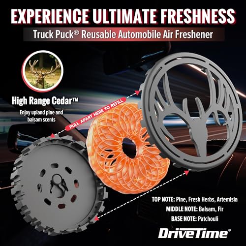 Image of Drive Time Truck Puck High Range Cedar Fragrancee Car Air Freshener - Long-Lasting Car Deodorizer, Refillable Vent & Visor Clip Auto Air Freshener for Car, Truck & SUV, Premium Fragrance, Pack of 3
