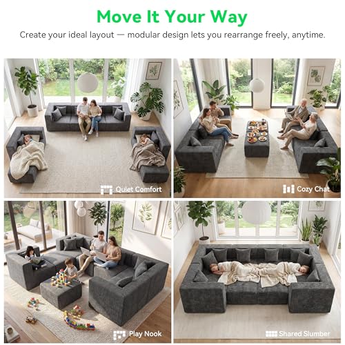 Image of MONVANE Oversized Boneless Sectional Couches for Living Room, 8-Seat Cloud Couch, Modular Sofa with Ottoman & 8 Throw Pillows, Comfy Chenille, No Assembly Required, Gray