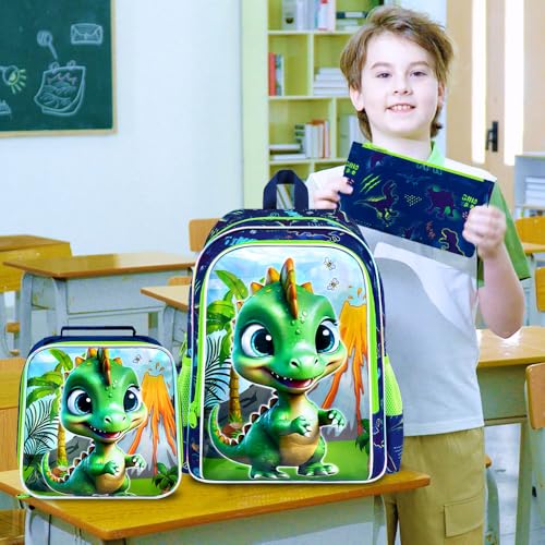 Image of HPJGD 3PCS Dinosaur Backpack for Boys, Water Resistant Kids Bookbag Set with Lunch Box, Cool School Bag for Preschool Toddler - Volcano Dinosaur