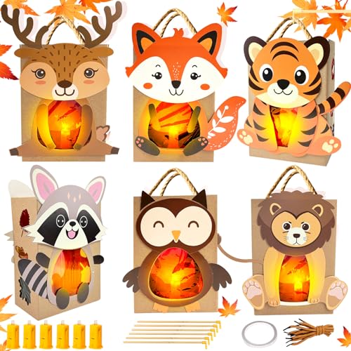Herbst Laternen Bastelset,6 PCS Laternen Bastelset Kinder,Bastelset Herbst Kinder,zum Basteln Fuchs Eule Waschbär Hirsch Tiger Löwe mit Laternenstab,DIY Herbsttiere Papierlaternen Bastelsets