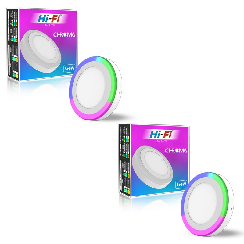 Image of Hi-Fi Chroma 2-in-1 6W+3W Double Color Round LED Surface Light for Home & Office | (Cool White + PGB (Pink + Green + Blue), Pack of 2)