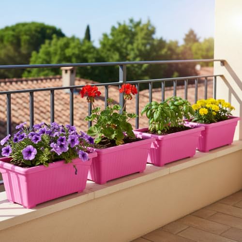 Image of Bianco Rectangular Plastic Pots for Plants, Jupiter Flower Pots for Home, Window Display, Garden (35 x 18.5 x 15 cm) (Pink) (Pack of 4)