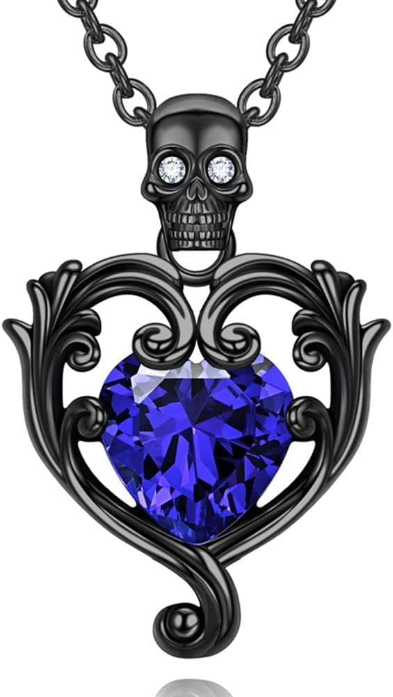 Gothic Skull Black Love Heart Birthstone Crystal Pendant Necklaces for Women Birthday Jewelry Gifts for Her, Mom, and Wife, Valentine's Day Gifts