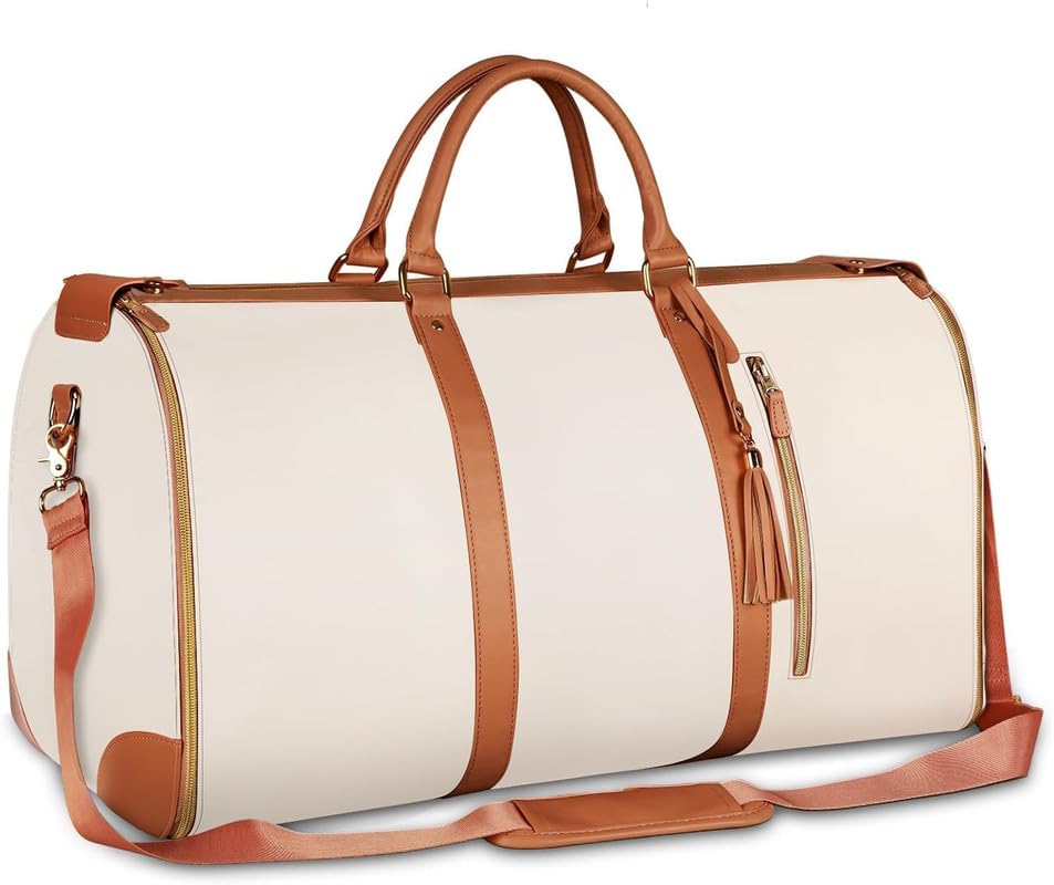Image of Leather Garment for Garment Bags for Travel Convertible Hanging Suitcase Suit Garment Bag Convertible Carry on Large Duffle Bags with Suit Compartment for Men and Women|Shoe Pouch (Beign)