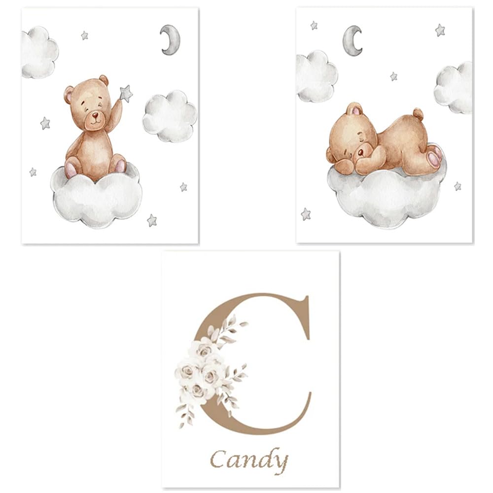 Youihom 3 Poster Chambre Enfant Fille Lapin 30x40 Affiche Prenom Bebe Tableau Chambre Enfant Personnalisé Poster Mural Chambre Bebe Rose Fleurs Affiche Toile Sans Cadre