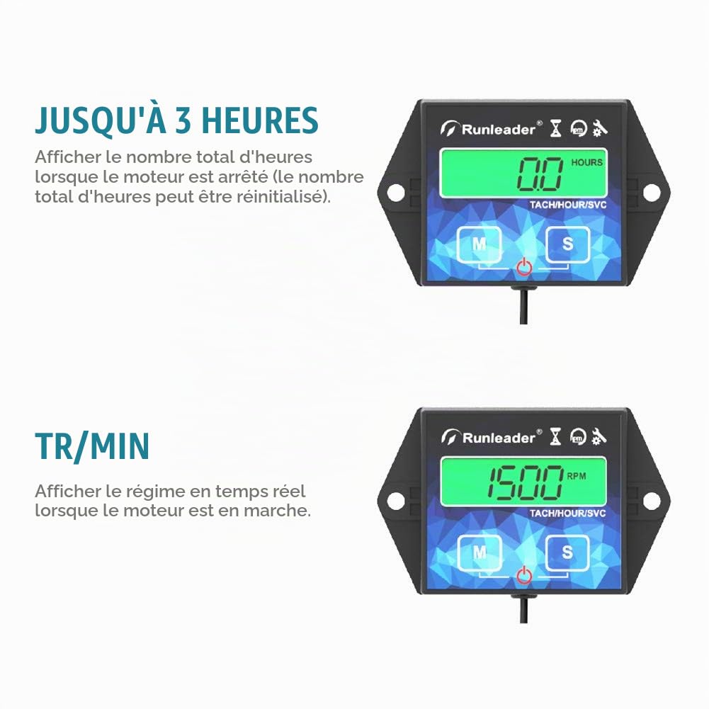 Compteur horaire du moteur rétro-éclairage Tachymètre inductif Compteurs d'heures Tacho numérique Rappel d'entretien pour moto Planeur marin ATV Souffleuse à neige Tondeuse à gazon jet ski pit