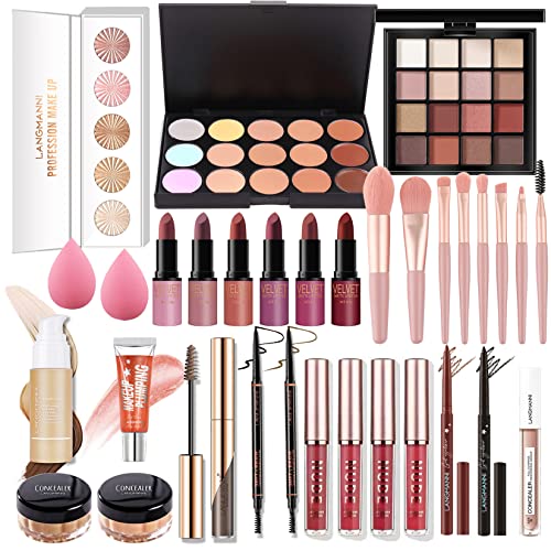 Kit de Maquillaje Profesional Completo, MKNZOME 33 piezas Set de Maquillaje Mujer con Estuches de Maquillaje Portátil Paletas de Sombras de Ojos Fundación barra de labios para Mujeres Niñas