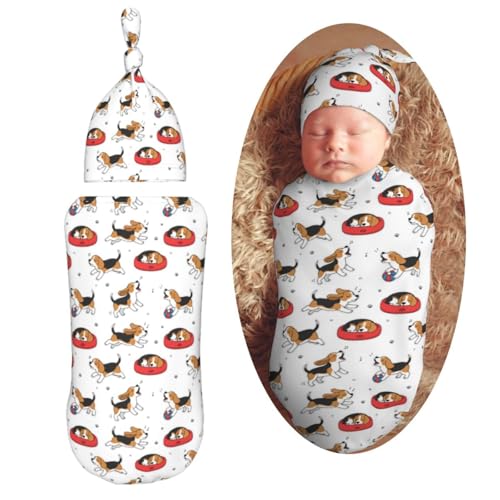 Image of Cute Beagle Dog Newborn Swaddle Blankets Hat Sets Soft Baby Receiving Blanket Swaddle Sack for Baby Shower Infant Boy Girl Gift