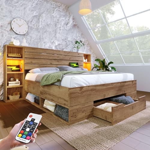 Zepneiy Lit 180x200 avec sommier à Lattes en Bois, Lit Coffre 180x200 avec tête de et tiroirs...