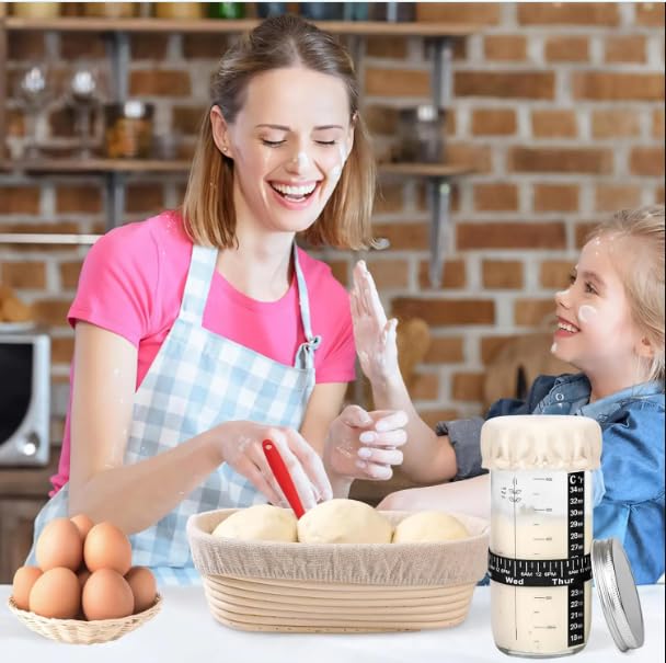 Kit de démarrage au levain, 21 pièces – Panier à baneton, pot de démarrage, écharpe à pain, fouet à pâte et ensemble d'accessoires de pâtisserie pour boulangers amateurs et débutants