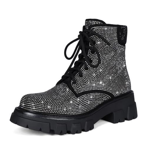 Wavyvigs Rhinestone Combat Boots Platform Chunky Heel Lace Up Ankle Boots Side Zipper