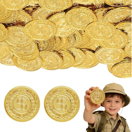 100 Pieces Plastic Gold Coins Plastic Coins Fake Coins for Adventure Play Halloween Party Favors Classroom Rewards and Board Game Props Scavenger Hunts and Party Favours
