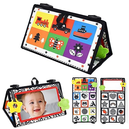 Image of Dr.Rapeti Tummy Time Floor Mirror for Baby Infant Toddler Kids Black and White High Contrast Baby Toy with Teethers Floor Activity Toy Washable Non-Toxic