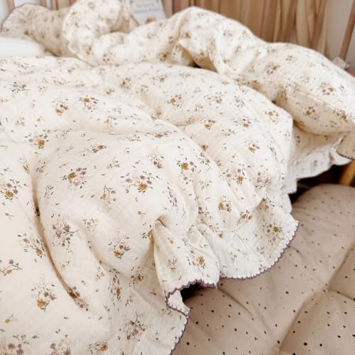 Image of BuLuTu Beige Kids Toddler Baby Duvet Cover Girls Muslin Duvet Covers Floral Nursery Quilt Cover Gauze Bedding Coverlet, 47 inchx59 inch, Crapemyrtle Print (No Pillowcases)