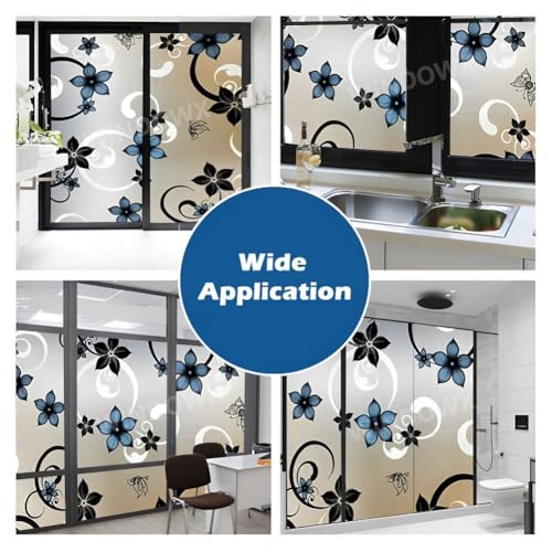 Image of Premium Vinyl Privacy Stained Window Glass Sticker (16x360 Inch) - Self-Adhesive Decorative Sticker Opaque Tint Wallpaper for Glass Cover Window, Door, Home.| Anti-UV. Black Blue Flowers
