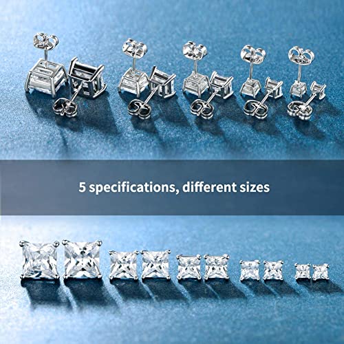 5 Pairs 18K White Gold Plated Princess Cut Clear Cubic Zirconia Stud Earring Pack #TOP3