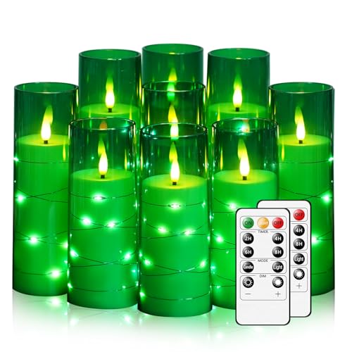 Image of Nimiko Flickering Flameless LED Candles,Battery Operated Candles 9 Pcs with Embedded Star String,Acrylic LED Pillar Candles with Remote,Suitable for Home Decoration to Create an Atmosphere (Green)