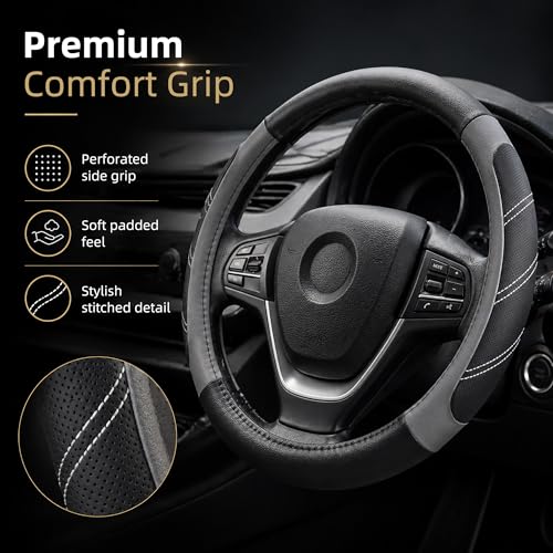 Image of Elantrip Leather Large Steering Wheel Cover 14 1 /2 inch to 15 inch Universal, Soft Grip Breathable for Car Truck SUV Jeep Anti Slip Gray