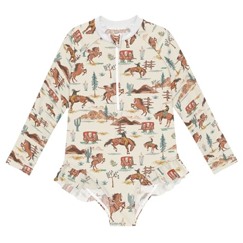 Image of Western Cowboys Rodeo Wild West Baby Girl Bathing Suit Long Sleeve UPF 50+ One Piece Toddler Swimsuit Size 5-6t
