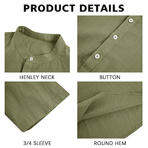 Mens Linen Shirts Henley 3/4 Sleeve Casual Cotton T-Shirt Regular-Fit Lightweight Beach Yoga Tunic Tops2