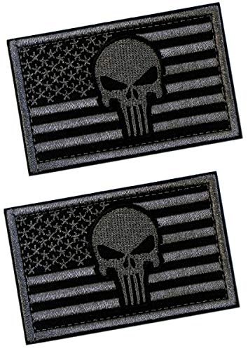 2 PCS Tactical Patches of USA US American Flag with Punisher Skull, with Hook and Loop for Backpacks Caps Hats Jackets Pants, Military Army Uniform Emblems, Size 3x2 Inches